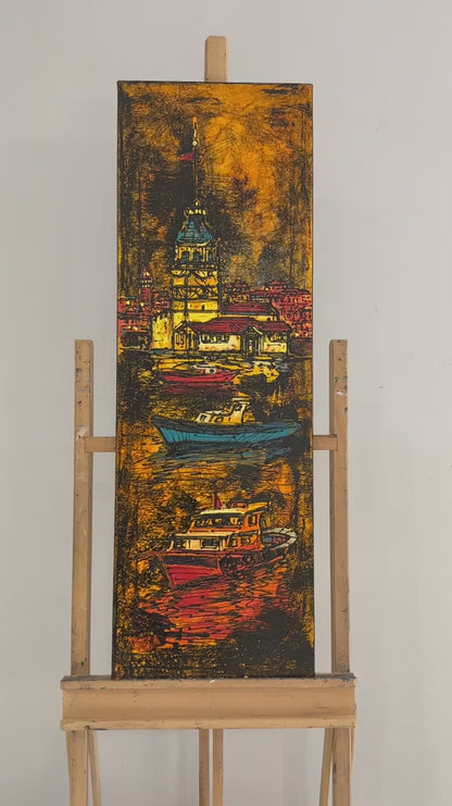 Kız Kulesi ve Denizci Tekneleri Yağlı Boya Tablosu