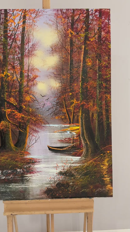Nehir Kenarındaki Sonbahar Ormanı Yağlı Boya Tablosu
