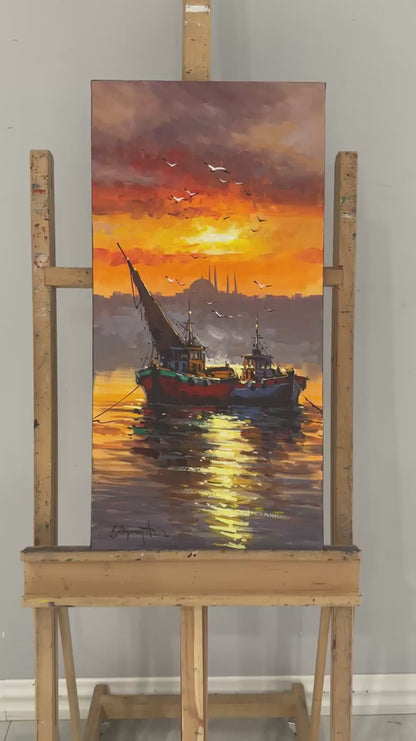 İki Tekne, Bir Akşam Yağlı Boya Tablosu