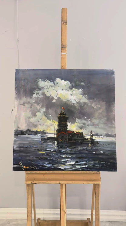 Dalgalarla Kız Kulesi Yağlı Boya Tablosu