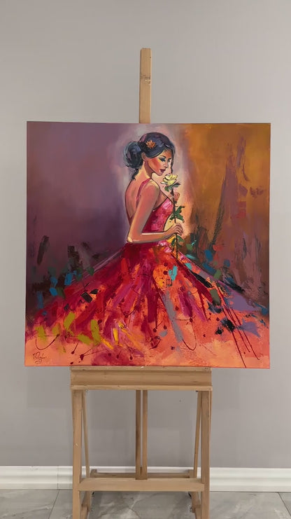 Gül ve Kadının Zarafeti Yağlı Boya Tablosu