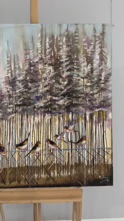 Karla Kaplı Ormanlarda Kuşlar Yağlı Boya Tablosu