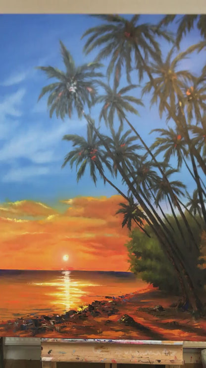 Günün Son Işığı Sahilde Yağlı Boya Tablosu