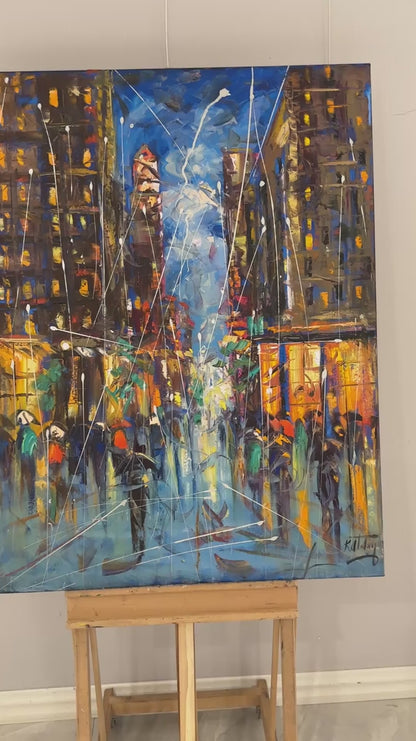 Şehir Gece Işıltısı Yağlı Boya Tablosu