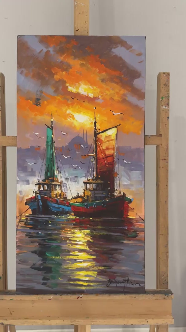 油彩画　李松子（Lee Song Ja) Altın Saatte Yelkenler Yağlı Boya Tablosu | Simurg Sanatevi