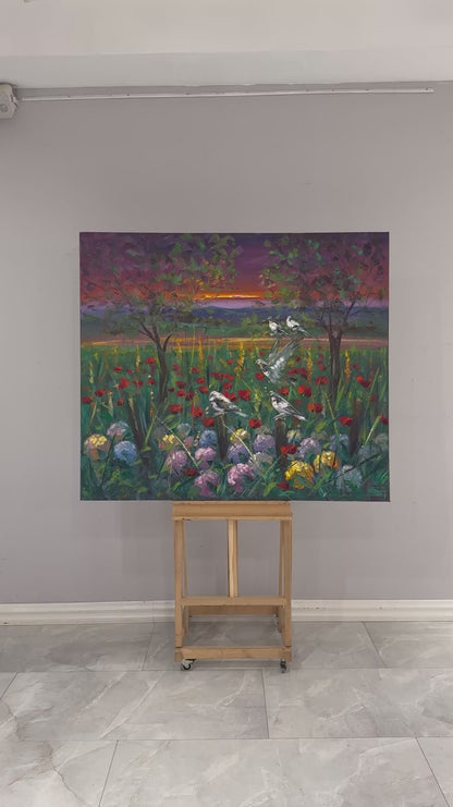 Kır Çiçekleri ve Kuşlar Yağlı Boya Tablosu