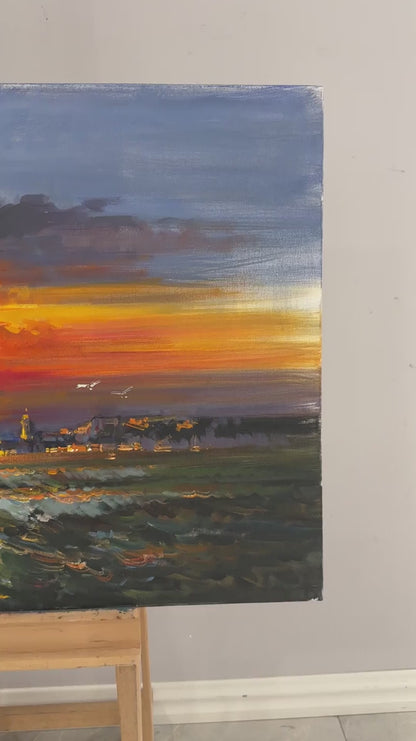 Renkli Ufuk ve Dalgalı Deniz Yağlı Boya Tablosu