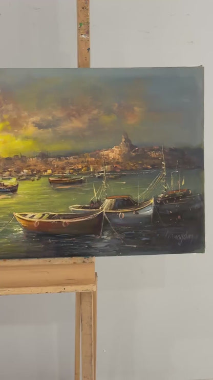 Kız Kulesi Liman Hatırası Yağlı Boya Tablosu