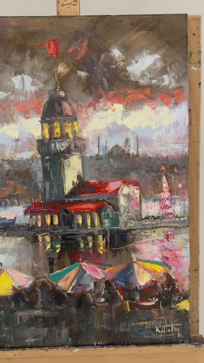 Kız Kulesi'nin Sessiz Konukları Yağlı Boya Tablosu