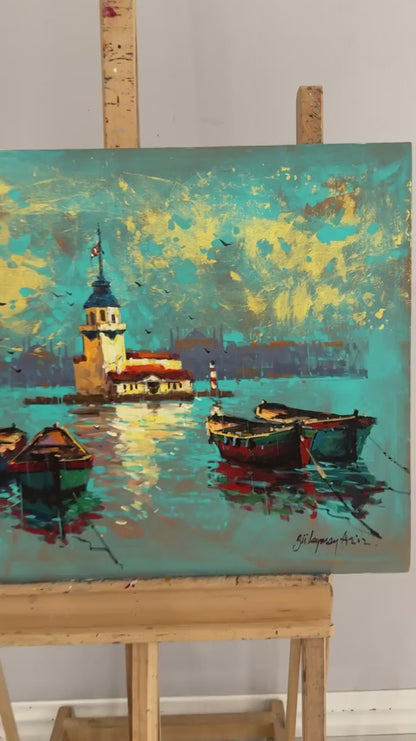 Kız Kulesinde Sandallar Yağlı Boya Tablosu