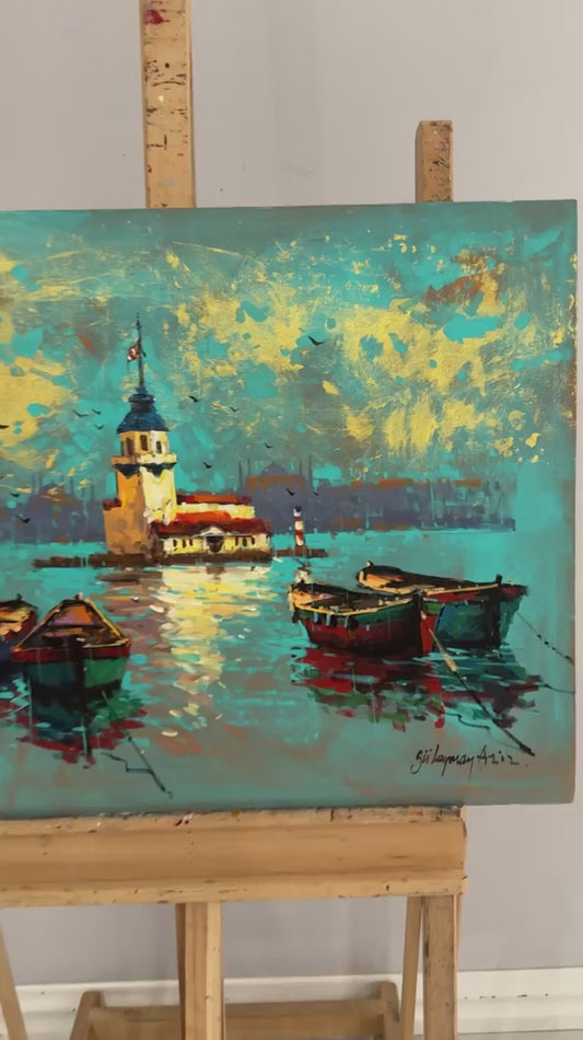 Kız Kulesinde Sandallar Yağlı Boya Tablosu