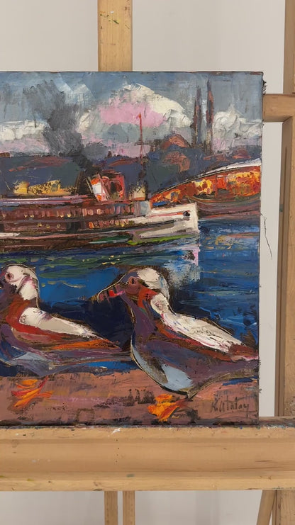 Kuşların Bakışıyla Geminin Geçişi Yağlı Boya Tablosu