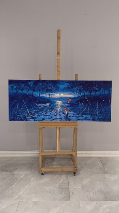 Mavi Ormanda Gece Yağlı Boya Tablosu