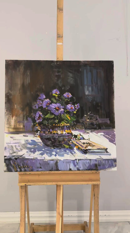 Vozada Mor Menekşeler Yağlı Boya Tablosu