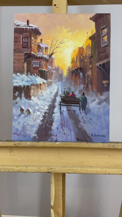Şehirde Kar Manzarası Yağlı Boya Tablosu