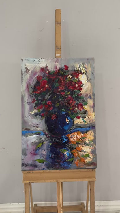 Yansıyan Kırmızı Çiçekler Yağlı Boya Tablosu