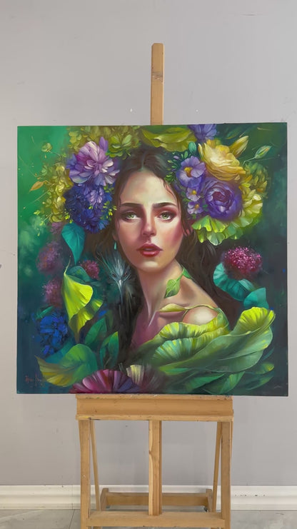 Yeşilin İçindeki Kadın Yağlı Boya Tablosu