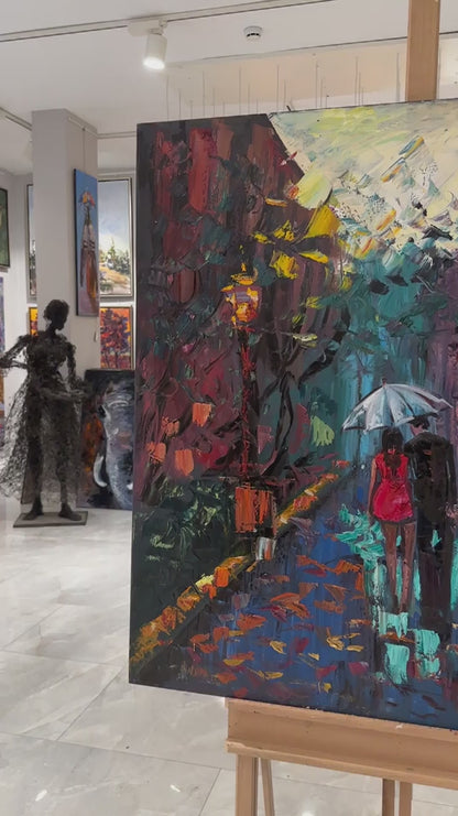 Yağmurda Sevgililerin İzleri Yağlı Boya Tablosu