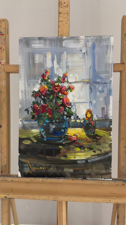 Cam Kenarında Çiçekler Yağlı Boya Tablosu