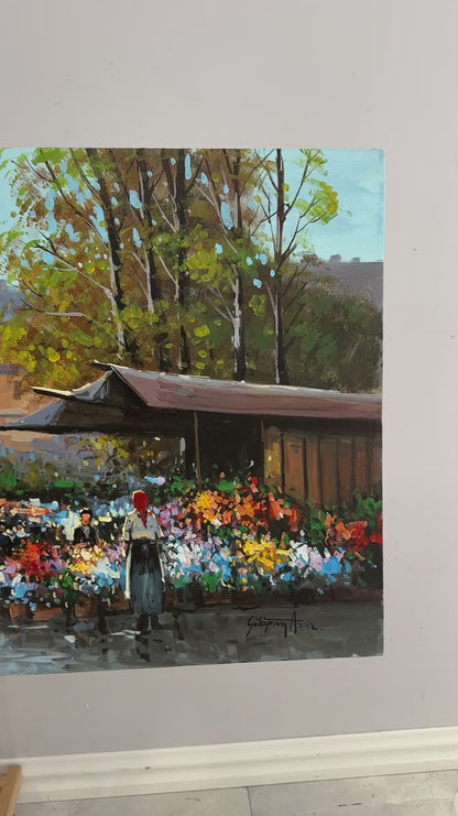 Çiçeklerle Dolu Pazar Yağlı Boya Tablosu