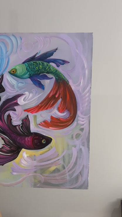 Zamansız Uyum Kuşlar ve Balıkların Dansı Yağlı Boya Tablosu