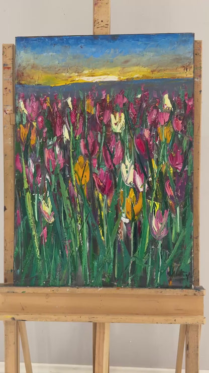 Lale Bahçesinde Sabah Yağlı Boya Tablosu