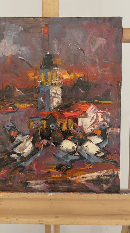 Kız Kulesi ve Kanatlı Dostları Yağlı Boya Tablosu