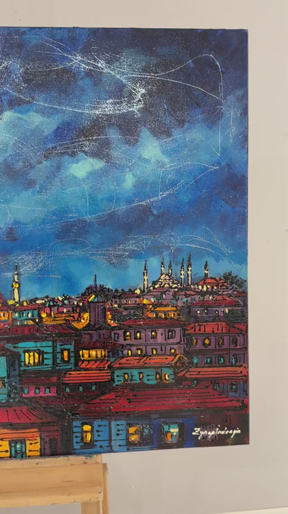 Galata'nın Gece Rüyası Yağlı Boya Tablosu