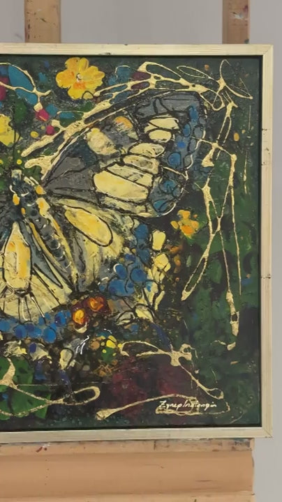 Çiçeklerde Kelebek Yağlı Boya Tablosu