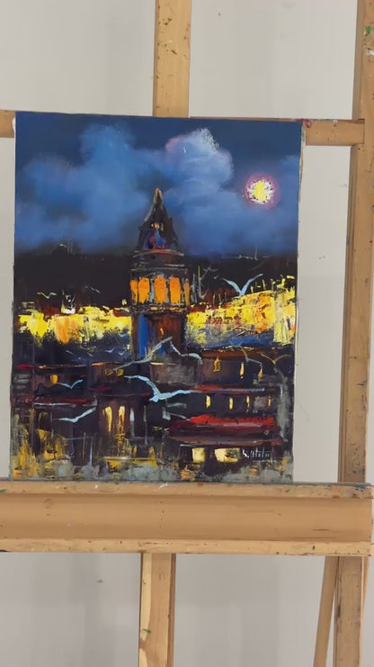 Gece Mavisinde Galata Yağlı Boya Tablosu