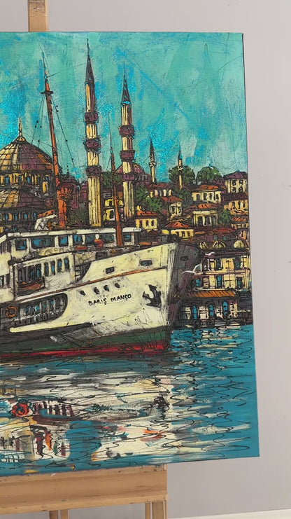 Renkli Boğaz Manzarası Yağlı Boya Tablosu