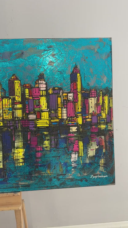 Şehir Silüeti ve Yansıma Yağlı Boya Tablosu