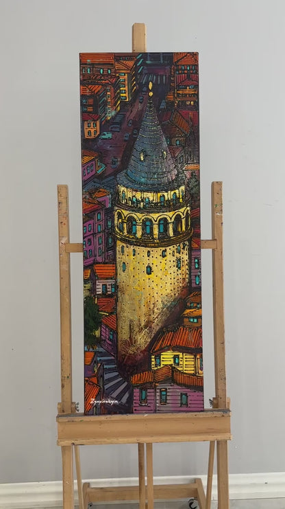 Galata Kulesi'nin Altın Renkleri Yağlı Boya Tablosu
