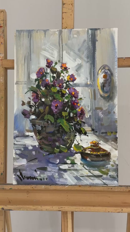 Bir Vazoda Çiçekler Yağlı Boya Tablosu