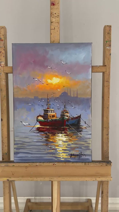 Haliç’te Son Işık Yağlı Boya Tablosu