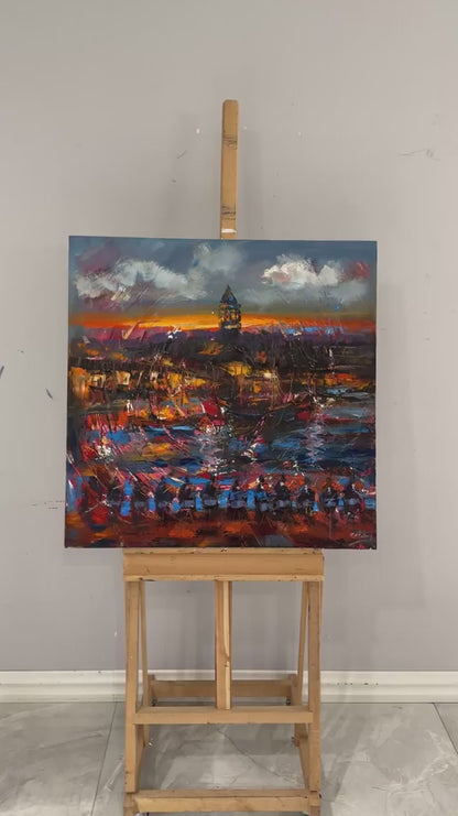 Galata Kulesi ve Müzik Yağlı Boya Tablosu