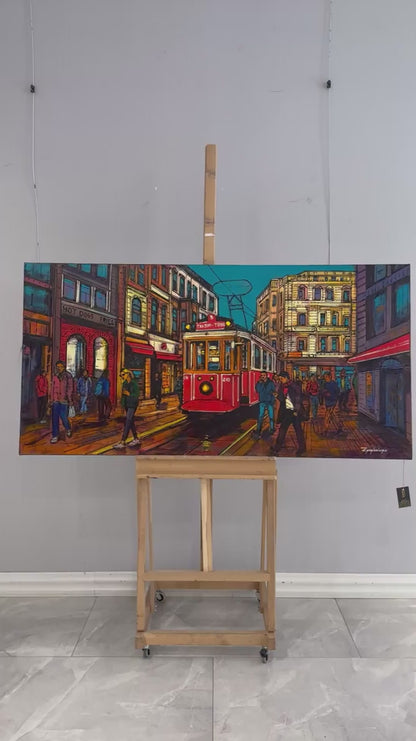 Kırmızı Tramvay ve Hatıralar Yağlı Boya Tablosu