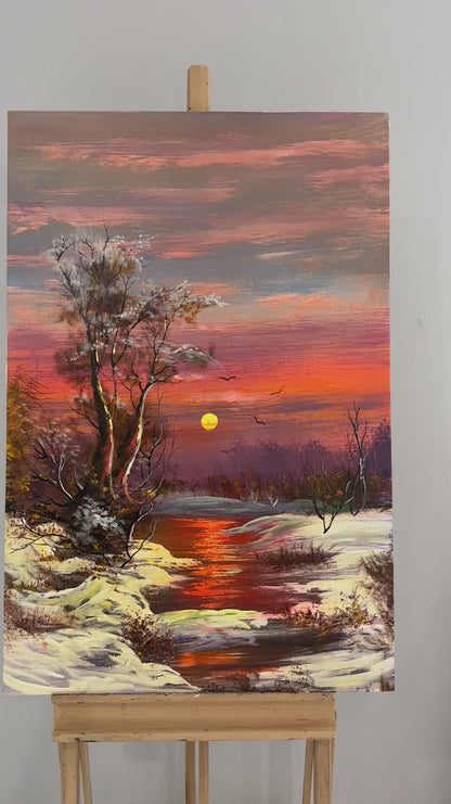 Dere Kenarında Kar Manzarası Yağlı Boya Tablosu