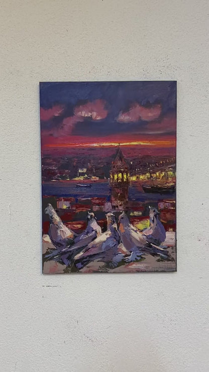 Galata'ya Bakan Kuşlar Yağlı Boya Tablosu
