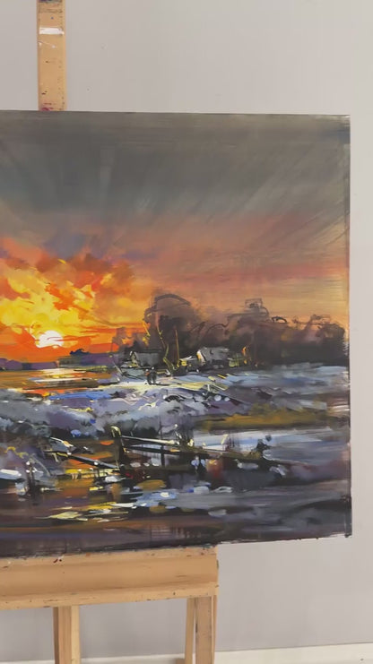 Sulara Düşen Akşam Yağlı Boya Tablosu