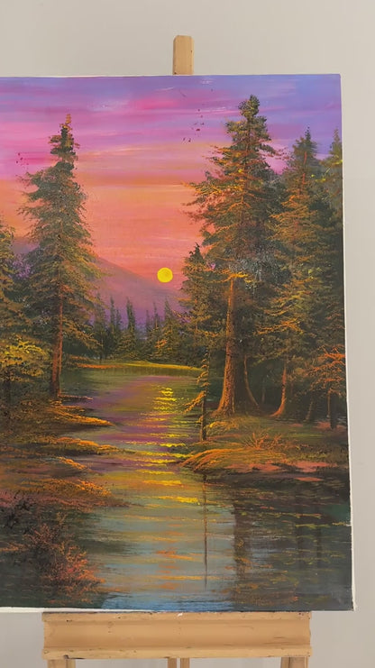 Kırmızı ve Mor Günbatımı Yağlı Boya Tablosu