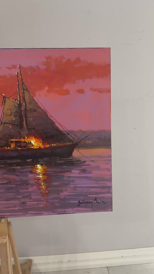 İstanbul Boğazında Tekneler Yağlı Boya Tablosu