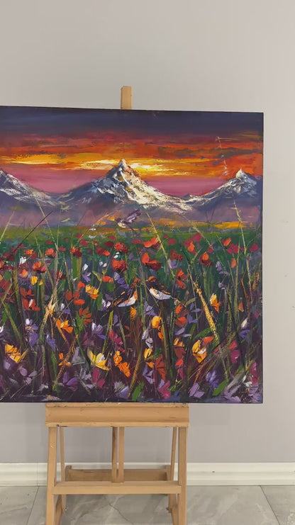 Günbatımında Gelincik Bahçesi Yağlı Boya Tablosu