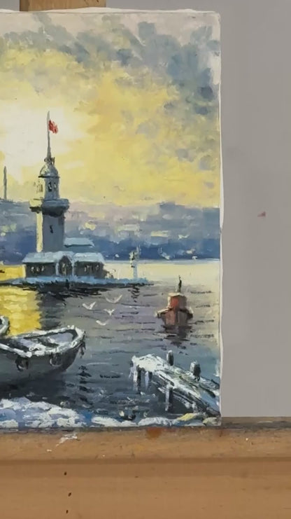 Kış Işığında Kız Kulesi Yağlı Boya Tablosu