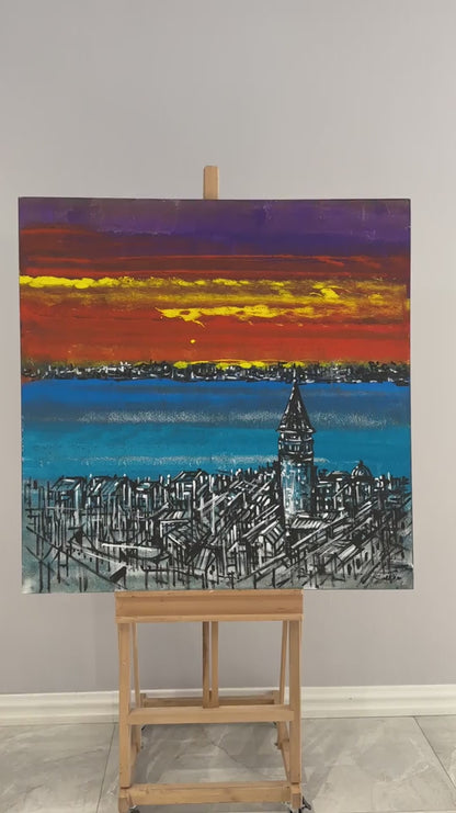 Çizgisel Işık Galata'nın Büyüsü Yağlı Boya Tablosu