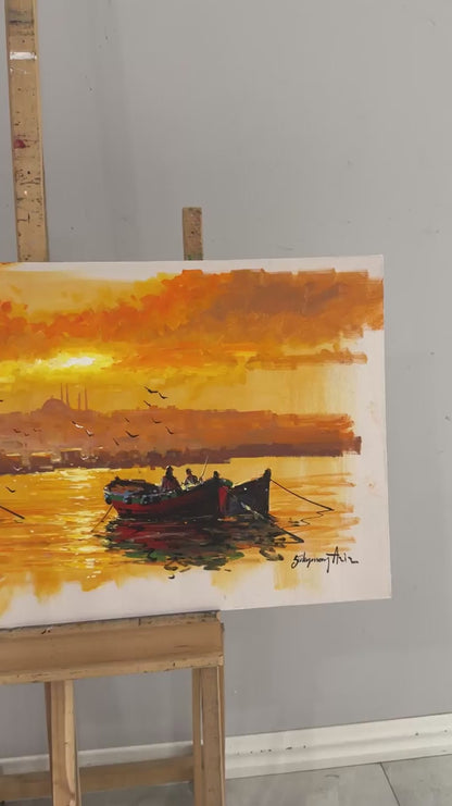 Günbatımında Boğaz Sefası Yağlı Boya Tablosu