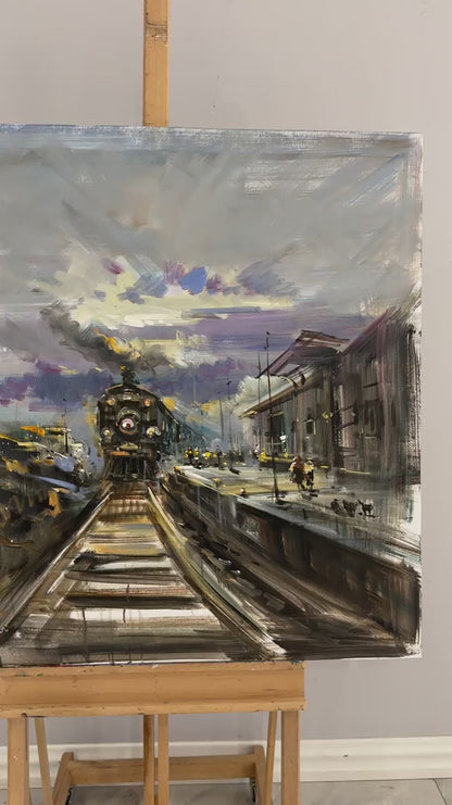 Buharlı Tren Manzarası Yağlı Boya Tablosu