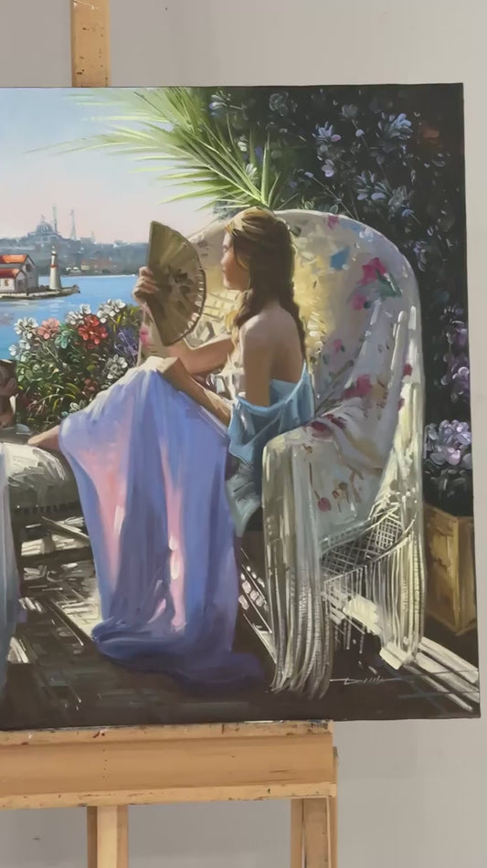 Kız Kulesi Açılan Balkon Yağlı Boya Tablosu