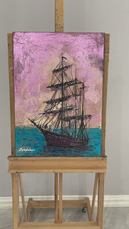 Parlak Deniz ve Gemi Yağlı Boya Tablosu