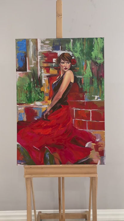 Kırmızılı Kadın Yağlı Boya Tablosu